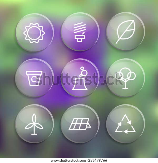 Set of linear style\
elements or icons for labels and badges for eco theme, on the blur\
nature background