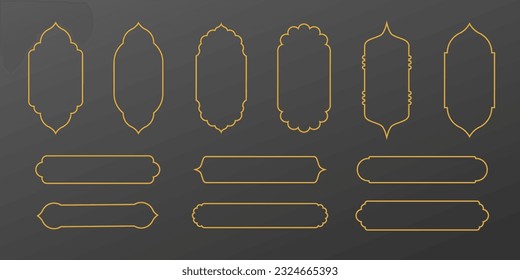 Set of linear style golden Islamic windows, arches and doors in boho style. Collection of oriental minimal style Arabic borders on dark background. Design element for design, label. Ramadan Kareem