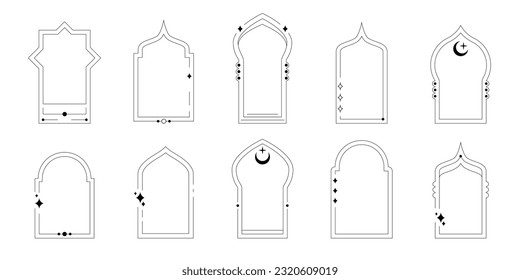 Set of linear style Islamic windows, arches and doors in boho style. Collection of oriental style Arabic borders. Arabic minimal shape arch. Design element for design, label, banner Ramadan Kareem