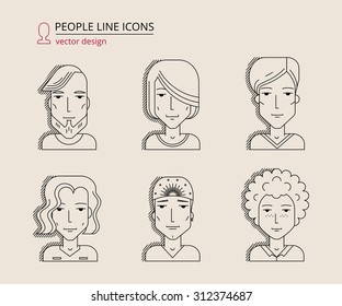 Set of linear style people icons in vector. Modern avatars with different young men characters.