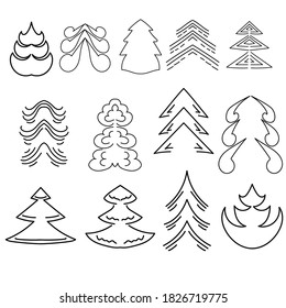 Set of linear stylized Christmas trees with ornate patterns, decorative fantasy elements for winter holidays, vector outline illustration for design and creativity