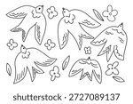 Set of linear stylized swifts among flowers in doodle style, patterned elegant flying birds for design and decoration