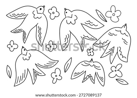 Set of linear stylized swifts among flowers in doodle style, patterned elegant flying birds for design and decoration