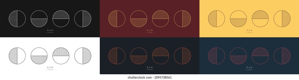 Set of linear sun logos. Daylight source. Modern minimalistic style. Vector illustration