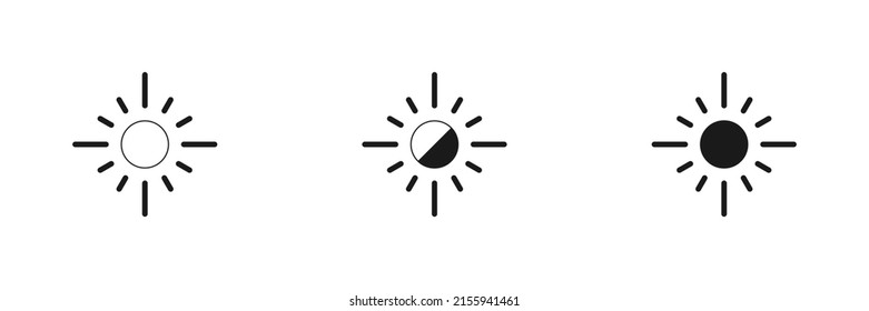 Set of linear suns. Dark and light theme toggle. Screen modes icons set. Screen brightness and contrast level control icons. Vector illustration.