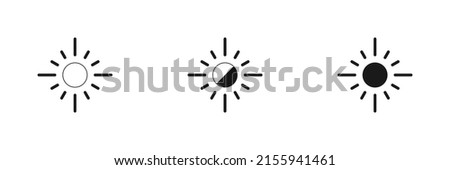 Set of linear suns. Dark and light theme toggle. Screen modes icons set. Screen brightness and contrast level control icons. Vector illustration.