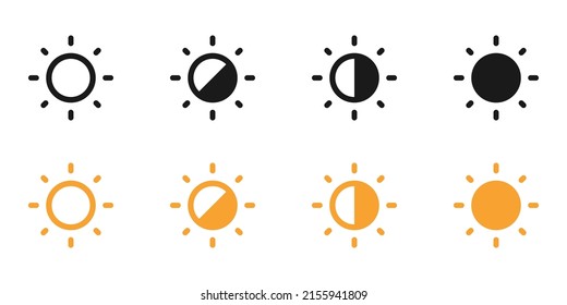 Set of linear suns. Screen modes icons set. Simple sun buttons. Screen brightness and contrast level control icons. Vector illustration.