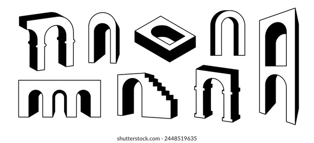 Set of linear surreal arches in perspective. Outline fun geometric element collection. Bold 3d naves, arcs, gates bundle. Trippy shapes bundle for collage, poster, banner, sticker. Vector art pack