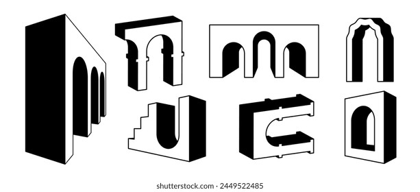 Set of linear surreal arches in perspective. Outline fun geometric element collection. Bold 3d nave, arc, gate, dome bundle. Trippy shapes bundle for collage, poster, banner, sticker. Vector art pack