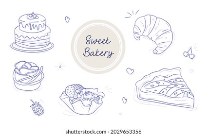 Set Of Linear Sweet Bakery Goods On White Background. Collection Of Cream Layer Cake, Cherry Tarte, Cup Cake, Nut Cookie And Apple Pie. Hand Drawn Template. Flat Cartoon Vector Illustration