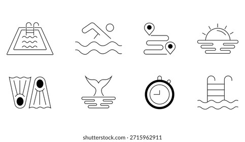 Set of linear swimming pool icons. Contains such Icons as swimsuit, bikini, swim cap, goggles, flippers, swim and more. Collection of various swimming pool style icons bundle. Vector illustration. 