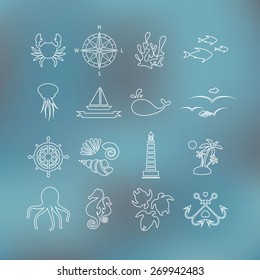 The set of linear symbols. Emblems, objects, icons, symbols, holidays, sea travel, entertainment.