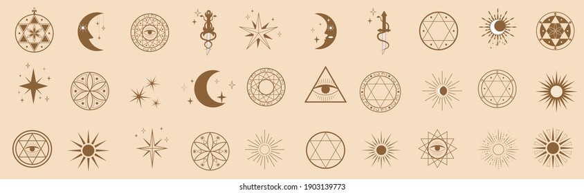 Set of linear symbols and icons in modern minimalist style. Star, moon, sun, dagger print design elements for logo, decoration. Vector flat illustration