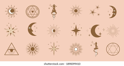 Set of linear symbols and icons - stars, moon, sun, dagger, snake. Design elements in a modern minimalist style for logo, decoration. Vector flat illustration