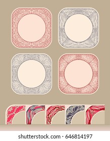 A set of linear symmetrical square vignettes with rounded corners. Abstract
linear ornament. A colored element of pieces, which is an integral part of the ornament.