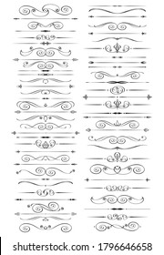 Set of linear text dividers with thin polylines.Isolated, editable black on white .