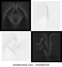  Establecer. Textura lineal. Fondo de alivio abstracto con ilusión óptica de distorsión. Ilustración vectorial.