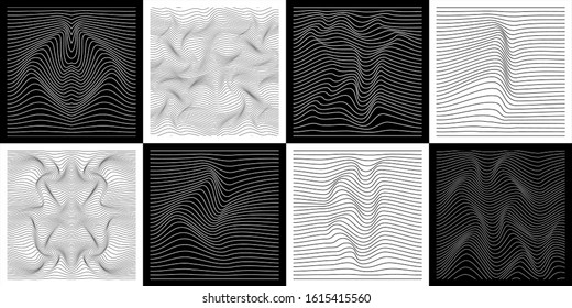 Set. Linear texture. Abstract relief background with optical illusion of distortion. Vector illustration.