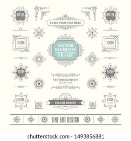 Set of linear thin line art deco retro vintage design elements with frame corner badge in geometric shape