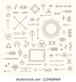 Set of linear thin line art deco retro vintage design elements. Geometric shapes and outline esoteric symbols, Vector illustration