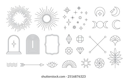 Set of linear thin line art deco boho retro vintage design elements. Geometric shapes and outline esoteric symbols, Vector illustration