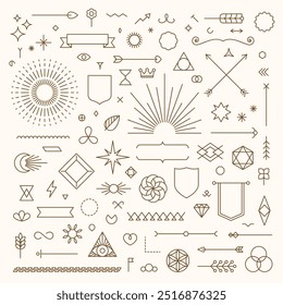 Set of linear thin line art deco boho retro vintage design elements. Geometric shapes and outline esoteric symbols, Vector illustration