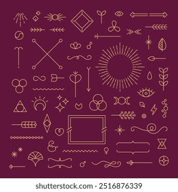 Set of linear thin line art deco boho retro vintage design elements. Geometric shapes and outline esoteric symbols, Vector illustration