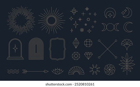 Set of linear thin line art deco boho retro vintage design elements. Geometric shapes and outline esoteric symbols, Vector illustration