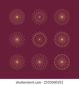 Conjunto de linhas finas lineares art deco boho retro vintage stars. Formas geométricas e contorno de símbolos de flores, ilustração Vetor