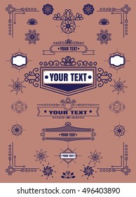 Set of linear thin line art deco retro vintage design elements with frame corner badge in geometric shape