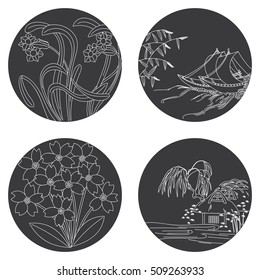 Set of linear thin line art of nature