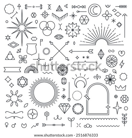 Set of linear thin line art deco boho retro vintage design elements. Geometric shapes and outline esoteric symbols, Vector illustration