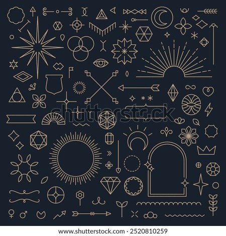 Set of linear thin line art deco boho retro vintage design elements. Geometric shapes and outline esoteric symbols, Vector illustration