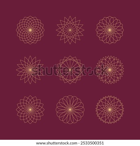 Set of linear thin line art deco boho retro vintage stars. Geometric shapes and outline flower symbols, Vector illustration
