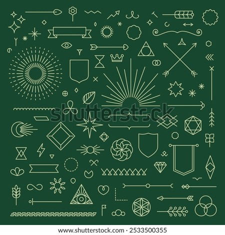 Set of linear thin line art deco boho retro vintage design elements. Geometric shapes and outline esoteric symbols, Vector illustration