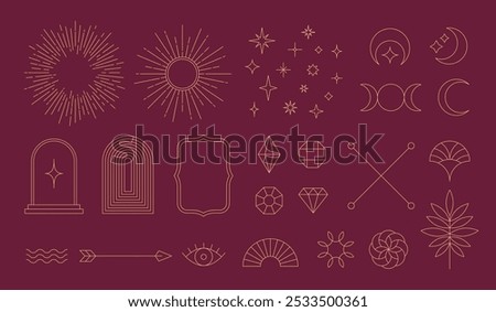 Set of linear thin line art deco boho retro vintage design elements. Geometric shapes and outline esoteric symbols, Vector illustration