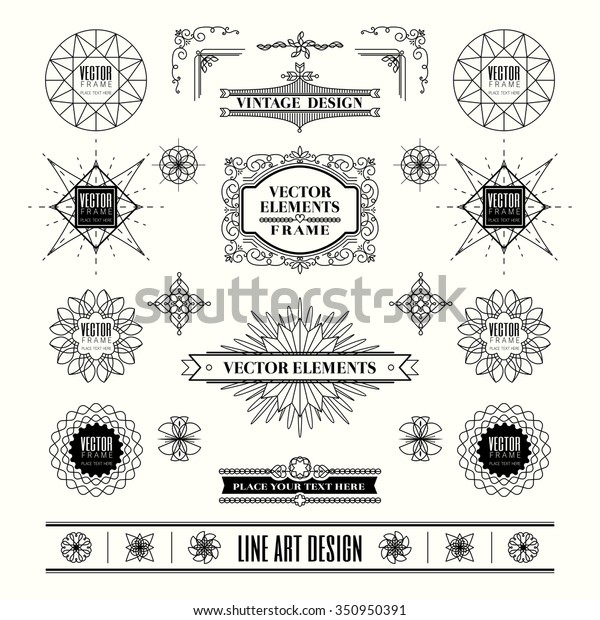 Set of linear thin\
line art deco retro vintage design elements with frame corner badge\
in geometric shape