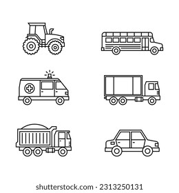 set of linear transport icons on white background. flat vector illustration.