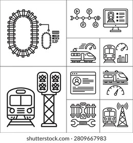 Set of linear transportation icons showing modern highspeed railway technology