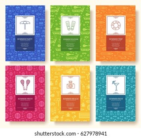 Set of linear travel style concept. Journey element on poster, book, layout abstract, magazines, brochure. Vector thin line vacation tour greeting card or invitation design background illustration