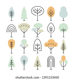 Set of linear trees icons, forest, park and garden tree linear signs collection