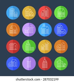 Set of linear urban buildings and illustrations of houses and architectural signs. For website design, business cards, invitations and flyers on the city theme with  fashion graphics