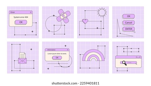 Set of linear vaporwave ig post or stories templates for social media. Abstract retro 80s 90s aesthetic groovy backgrounds with old computer user interface dialog window and nostalgic elements. Vector