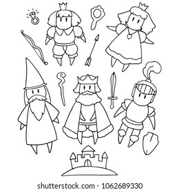 A set of linear vector characters - prince, princess, magician, king and knight.