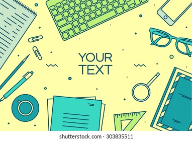 Set of linear vector design illustration of modern business office and workspace. Top view of desk background with laptop, digital devices, objects with notepad