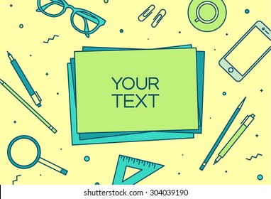 Set of linear vector design illustration of modern business office and workspace. Top view of desk background with laptop, digital devices, office with notepad