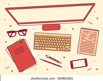 Set of linear vector design illustration of modern business office and workspace. Top view of desk background with laptop, digital devices, objects with notepad