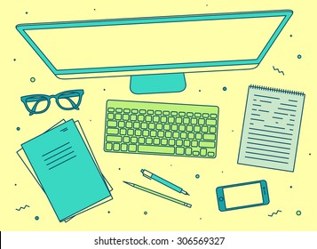 Set of linear vector design illustration of modern business office and workspace. Top view of desk background with laptop, digital devices, objects with notepad