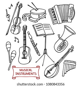A set of linear vector drawings of different musical instruments in the doodle style.