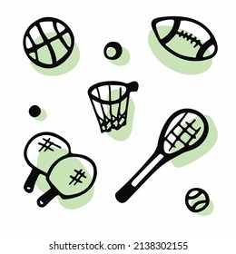 A set of linear vector icons. Equipment for sports games. Balls and rackets.